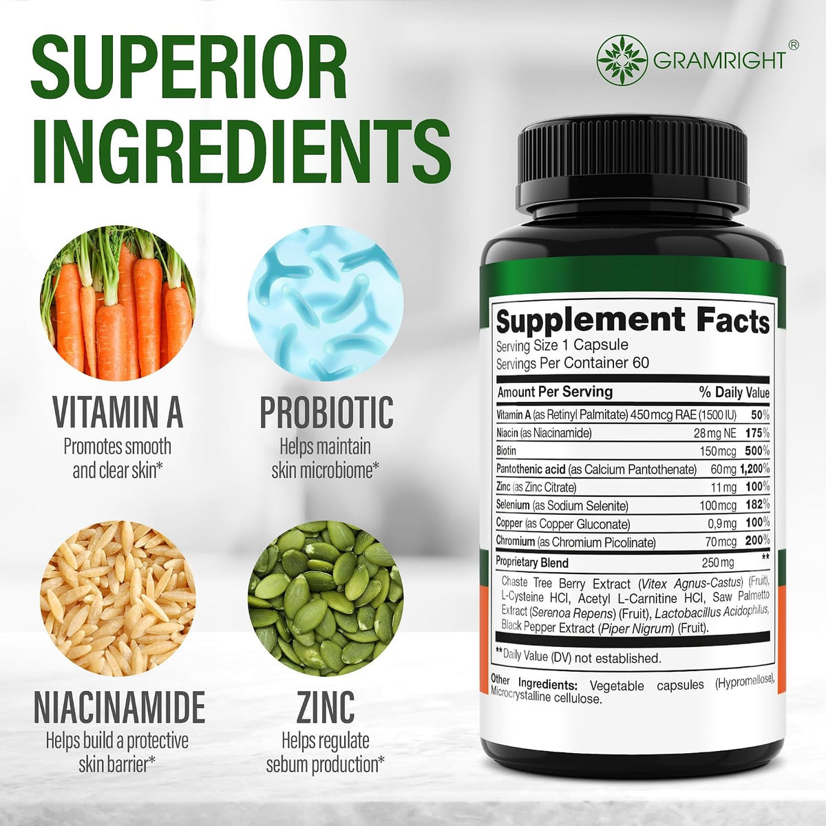 Perfect Skin Acne Capsules - Skin Support with Niacinamide, Probiotic, Zinc & Vitamin A (60 Capsules) - görsel 2