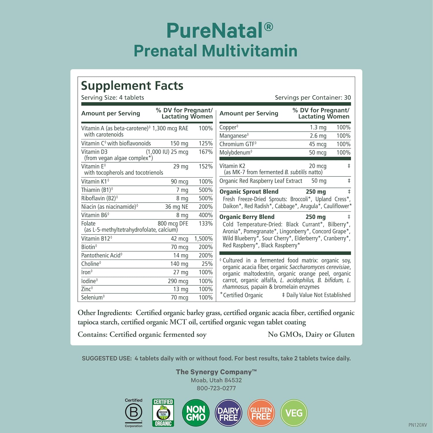 PureNatal Prenatal Vitamins – Organic Whole Food Supplement with Methylated Folate, Natural Iron, and Choline (120 Tablets) - görsel 2