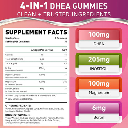 DHEA Gummies for Women | DHEA Supplement | 100mg/50mg Chewable with Boron, Inositol and Magnesium | Pro-Ageing, Ovarian Support, Sleep Support | Vegan | 60 Gummies