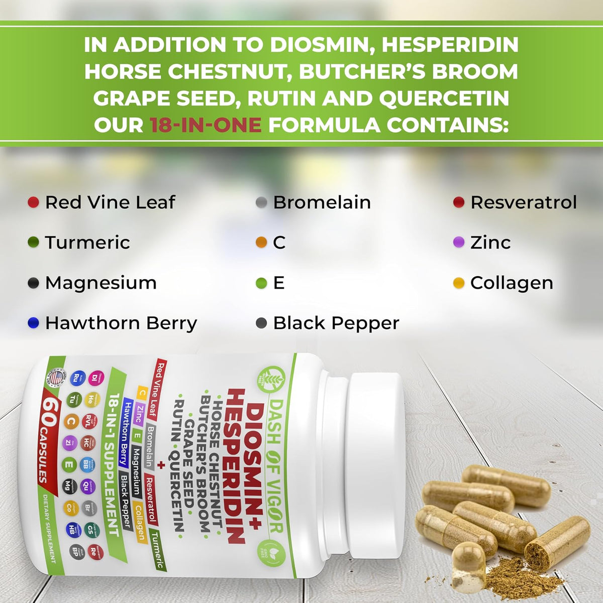 Dash of Vigour 18-in-1 Diosmin Hesperidin Supplement | Quercetin, Bromelain, Zinc, Vitamin C with Rutin | 60 Capsules - görsel 4