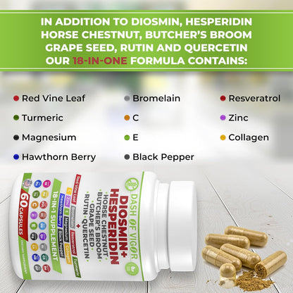 Dash of Vigour 18-in-1 Diosmin Hesperidin Supplement | Quercetin, Bromelain, Zinc, Vitamin C with Rutin | 60 Capsules