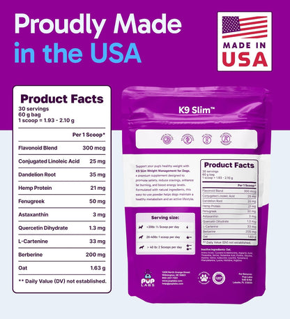 Pup Labs K9 Slim Dog Weight Loss Supplement - Natural Weight Management Dog Food Topper, 60 g