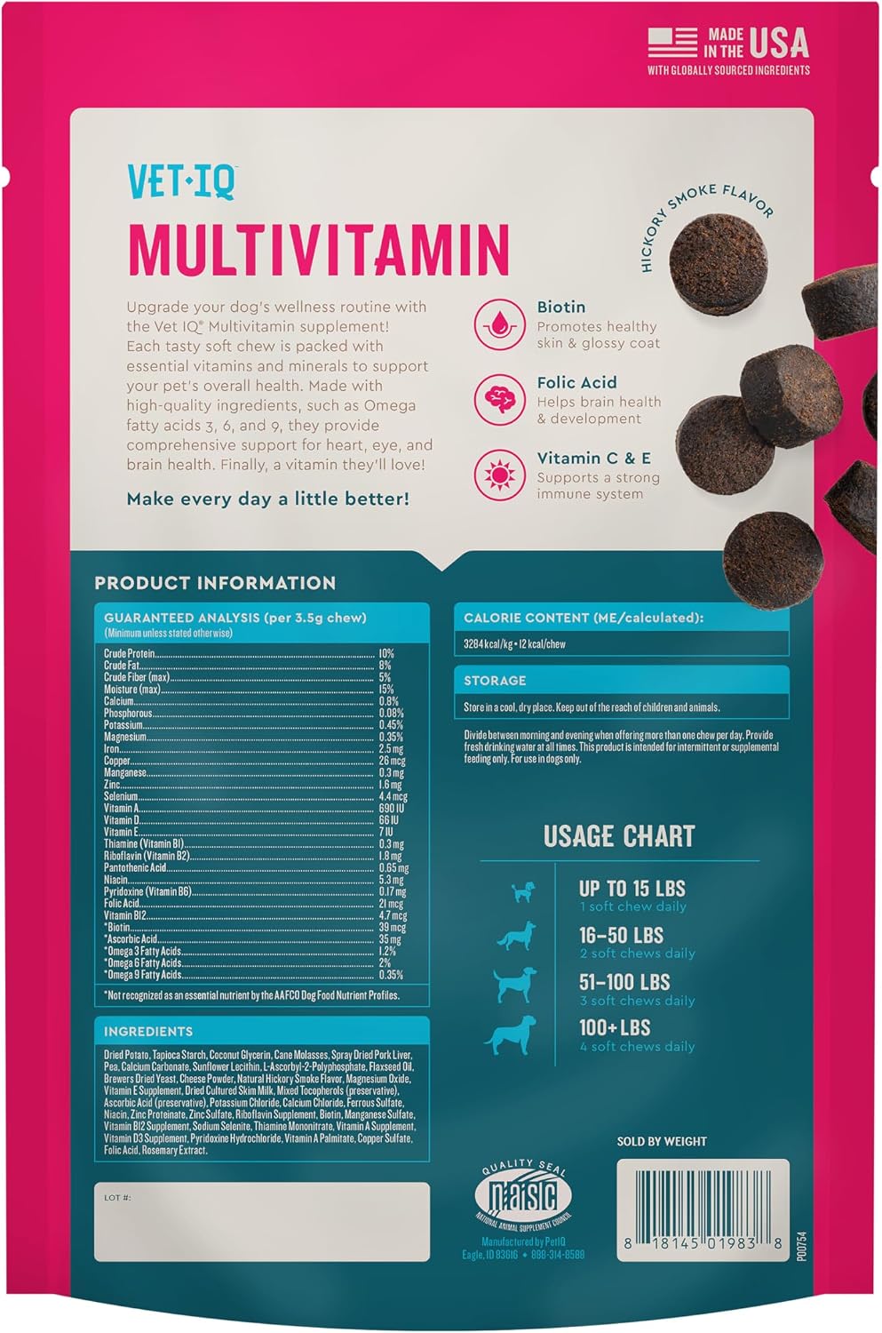 VetIQ Multivitamin Supplement for Dogs, Supports Brain, Immune & Digestive Health, Hickory Smoke Flavour, 60 Soft Chews - görsel 7