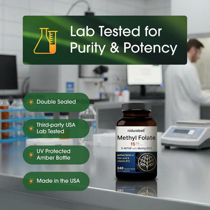 NatureBell Methyl Folate 15mg with Methyl B12 - 240 Capsules - L-Methylfolate & Vitamin B12 for Energy & Mood Support