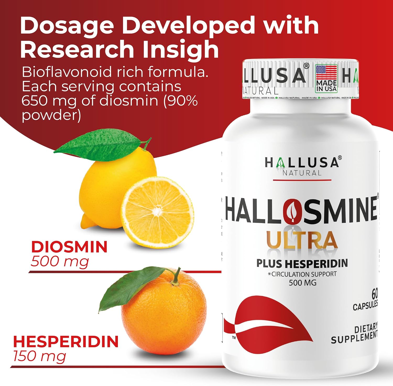 Hallusa Natural Hallosmine Ultra Diosmin 500mg & Hesperidin 150mg – Blood Circulation Support, 60 Capsules - görsel 5
