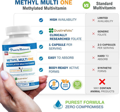 Power By Naturals Methyl Multi One – Iron-Free Methylated Multivitamin with 5-MTHF, Methyl B12 & CoQ10 – Methylation Support for Men and Women – Vegan, Non-GMO – 60 Capsules