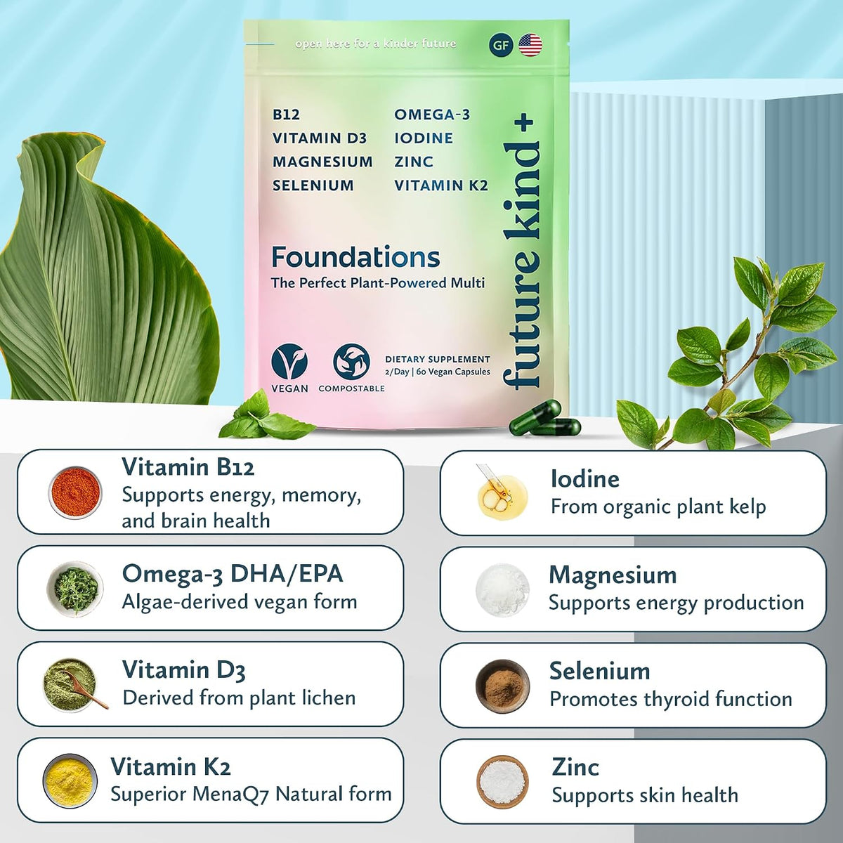 Future Kind Carrageenan-Free Foundations Multivitamin for Women and Men with Omega-3, B12, D3, Zinc, Iodine, Magnesium, K2 and Selenium, Vegan, Compostable Pouch (60 Capsules) - görsel 7