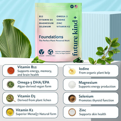 Future Kind Carrageenan-Free Foundations Multivitamin for Women and Men with Omega-3, B12, D3, Zinc, Iodine, Magnesium, K2 and Selenium, Vegan, Compostable Pouch (60 Capsules)