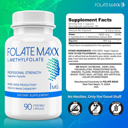 L-Methylfolate Supplement (1mg) - Professional Strength with Optimised Bioactive Methylfolate - 5-MTHF - Non-GMO, Gluten-free, Soya Free - 180 Vegetarian Capsules