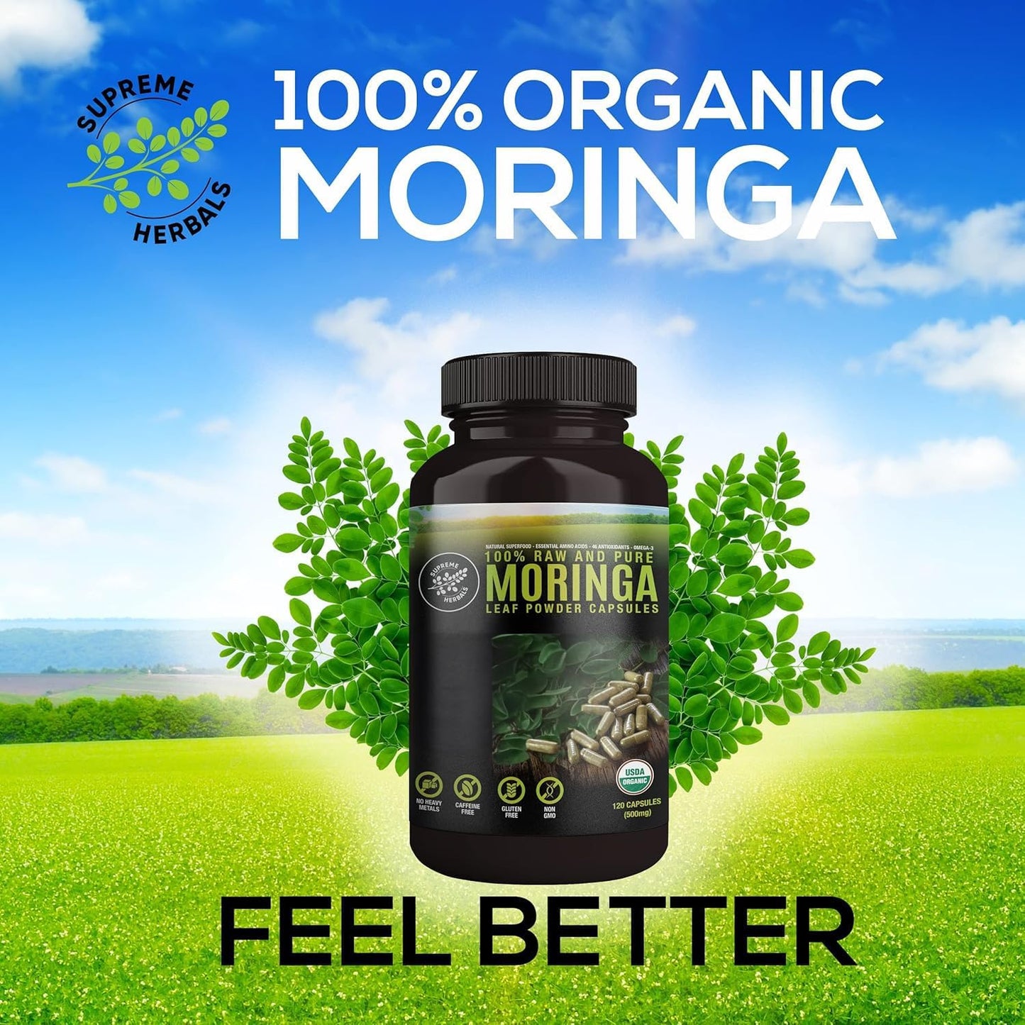 Organic Moringa Capsules – 100% Raw Leaf Powder, 500mg, 120ct - görsel 5