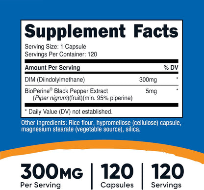 Nutricost DIM (Diindolylmethane) Plus BioPerine 300mg, 120 Vegetarian Capsules