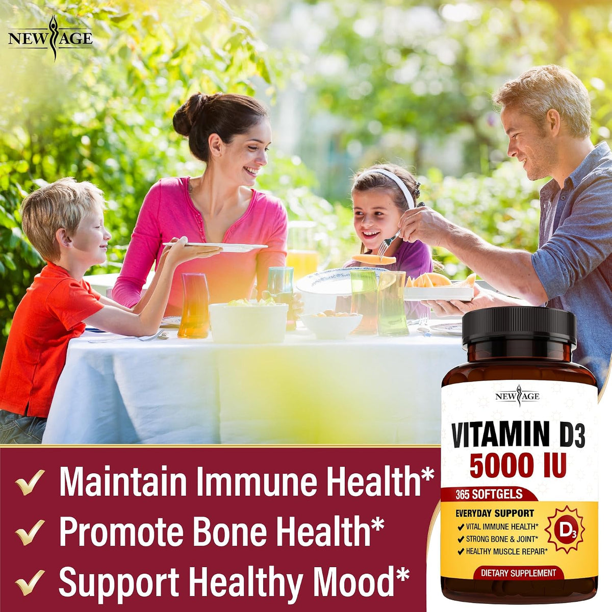 NEW AGE Vitamin D3 5000 IU 125mcg Soft gel capsules - Immune Support and Bone Health, Non-GMO, Gluten-free, 1 Year's Supply (360 Soft gel capsules) - görsel 4