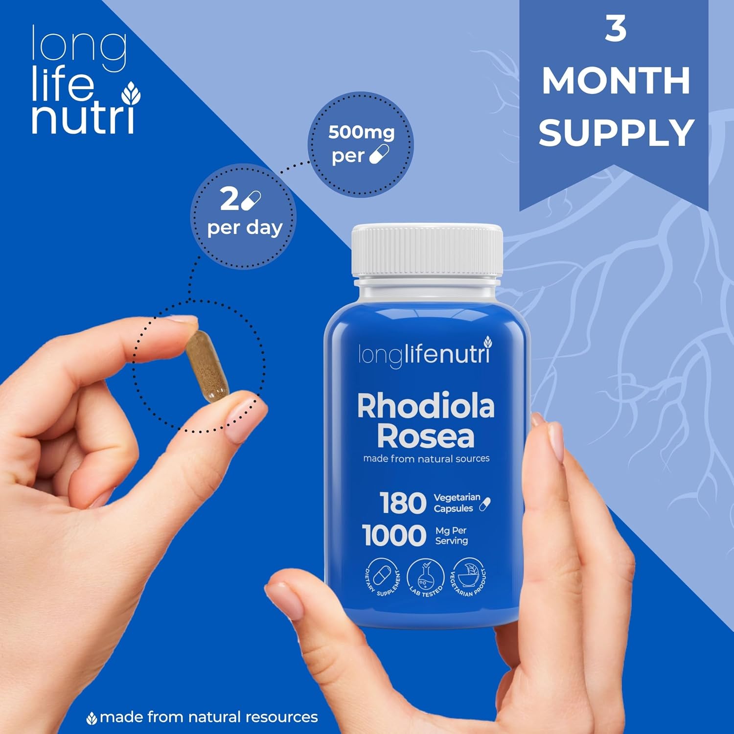 LongLifeNutri Rhodiola Rosea 1000mg - 180 Vegetarian Capsules for Mental & Physical Health, Non-GMO, 3-Month Supply, Made in USA - görsel 5