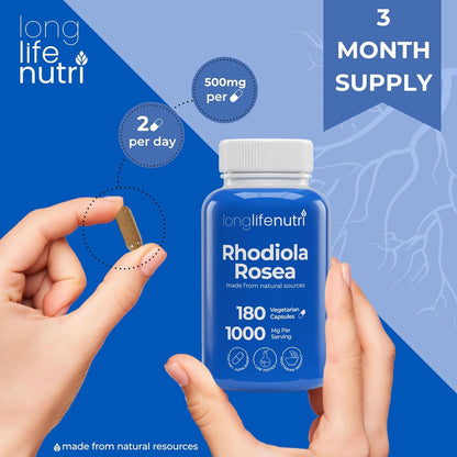 LongLifeNutri Rhodiola Rosea 1000mg - 180 Vegetarian Capsules for Mental & Physical Health, Non-GMO, 3-Month Supply, Made in USA