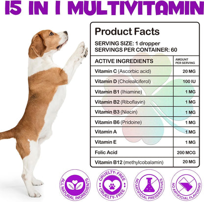 15-in-1 Dog Multivitamin Drops – Liquid Supplement with Glucosamine, MSM & Omega for Joint, Heart, Immune & Skin Health