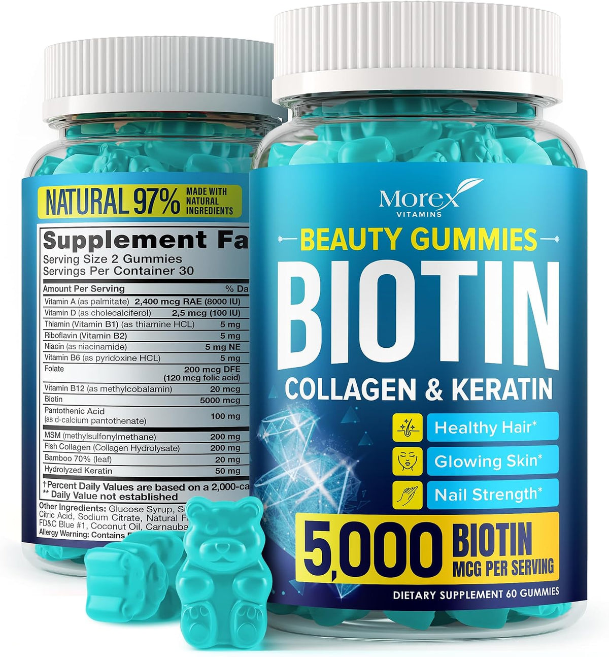Biotin Gummies with Collagen & Keratin – Hair Strength Support, Skin and Nail Vitamins for Women & Men – Vitamin B7 + B-Complex, MSM, Bamboo Extract – Beauty Chew Supplement – 60 Gummy Bears - görsel 1