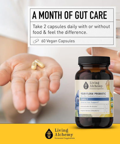 Your Flora Probiotic Family – Non-GM Probiotics with Fermented Soybean, Banana, and Blueberry for Digestive Health & Gut Wellness – Prebiotics, Postbiotics, Digestive Enzymes – Living Alchemy, 60 Capsules