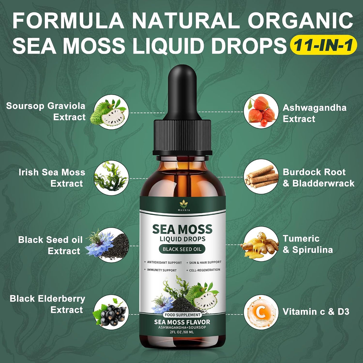 Irish Sea Moss Drops - Organic Sea Moss Liquid with Black Seed Oil, Ashwagandha & Burdock Root | Multimineral Supplement | Non-GMO, 59ml - görsel 2