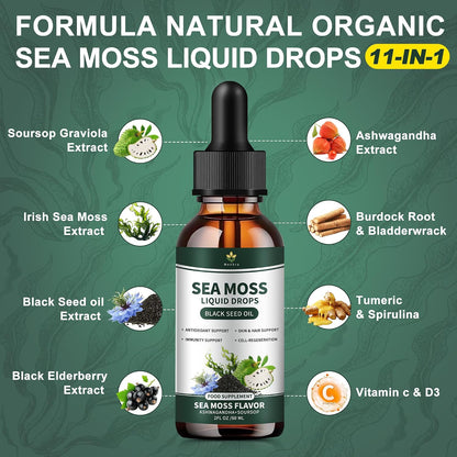 Irish Sea Moss Drops - Organic Sea Moss Liquid with Black Seed Oil, Ashwagandha & Burdock Root | Multimineral Supplement | Non-GMO, 59ml