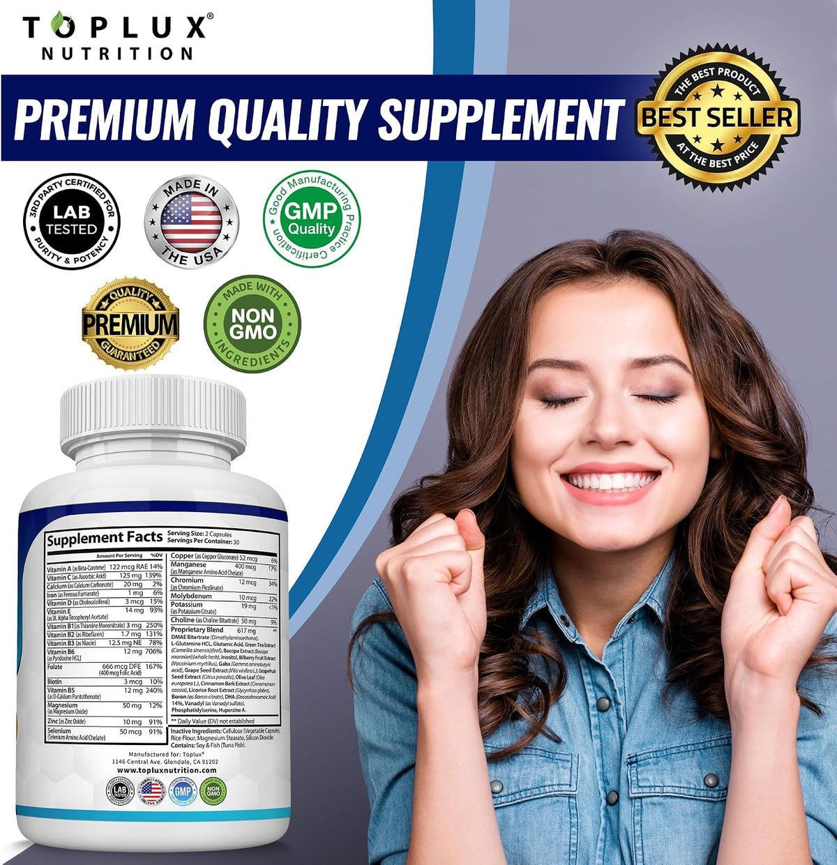 Toplux Brain Supplement Nootropic – DMAE, Bacopa Monnieri, L-Glutamine, 60 Capsules - görsel 6