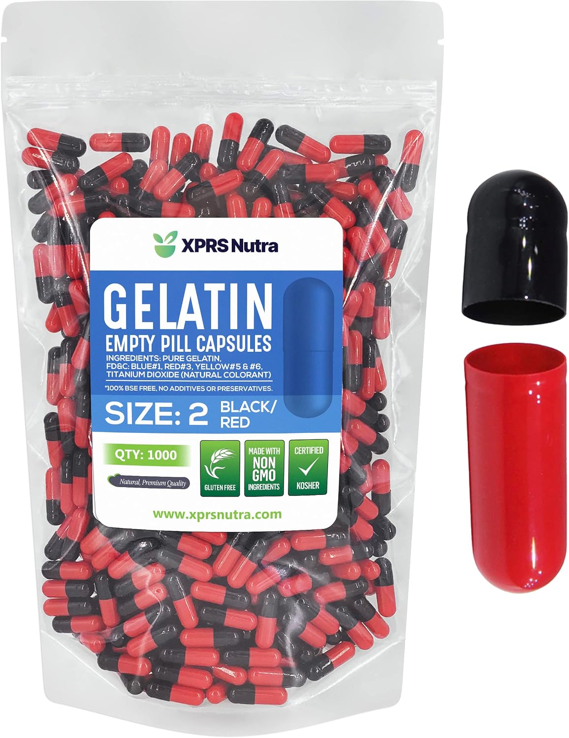 XPRS Nutra Size 2 Empty Capsules - 1000 Count Empty Gelatine Capsules - Pills DIY Capsule Filling - Pure Bovine Pill Gel Caps for Do-It-Yourself Supplements (Black/Red) - görsel 1