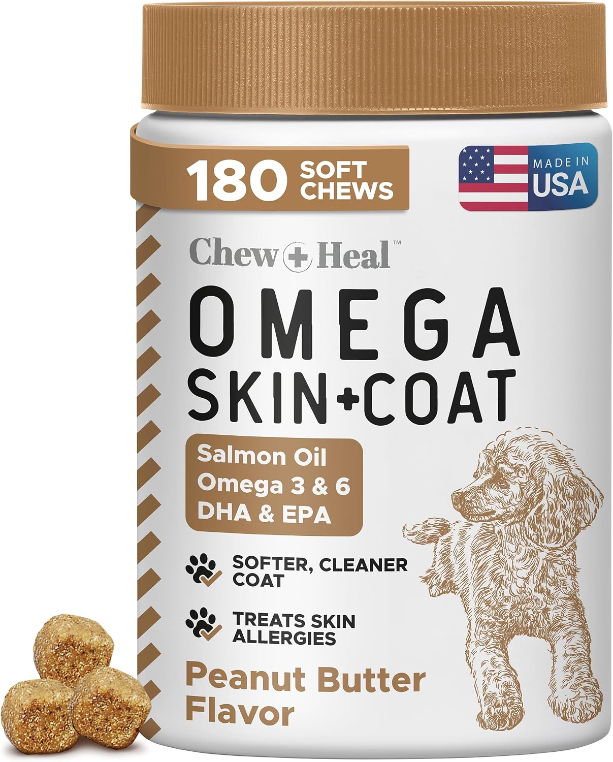 Omega-3 Fish Oil for Dogs, 180 Soft Chews - Salmon Oil Skin & Coat Supplement, Dog Allergy & Itch Relief, Hot Spots, Anti-Shedding - EPA & DHA Fatty Acids - Peanut Butter Flavour - Made in the USA - Chew + Heal - görsel 1