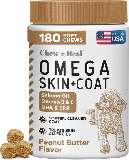 Omega-3 Fish Oil for Dogs, 180 Soft Chews - Salmon Oil Skin & Coat Supplement, Dog Allergy & Itch Relief, Hot Spots, Anti-Shedding - EPA & DHA Fatty Acids - Peanut Butter Flavour - Made in the USA - Chew + Heal