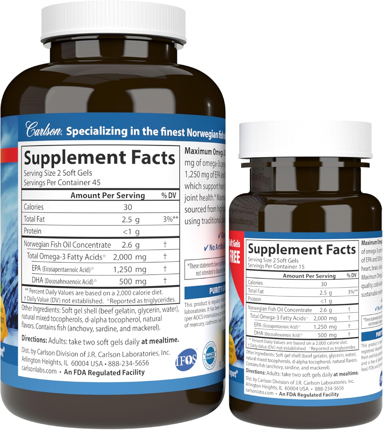Carlson Maximum Omega 2000 - 2000 mg Omega-3 Fatty Acids, EPA & DHA, Wild-Caught Norwegian Fish Oil, Lemon Flavour, 90+30 Softgels - görsel 7