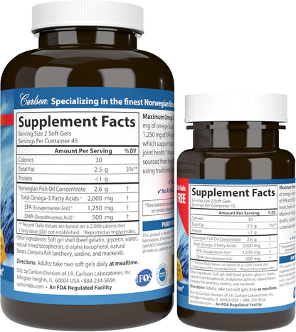 Carlson Maximum Omega 2000 - 2000 mg Omega-3 Fatty Acids, EPA & DHA, Wild-Caught Norwegian Fish Oil, Lemon Flavour, 90+30 Softgels