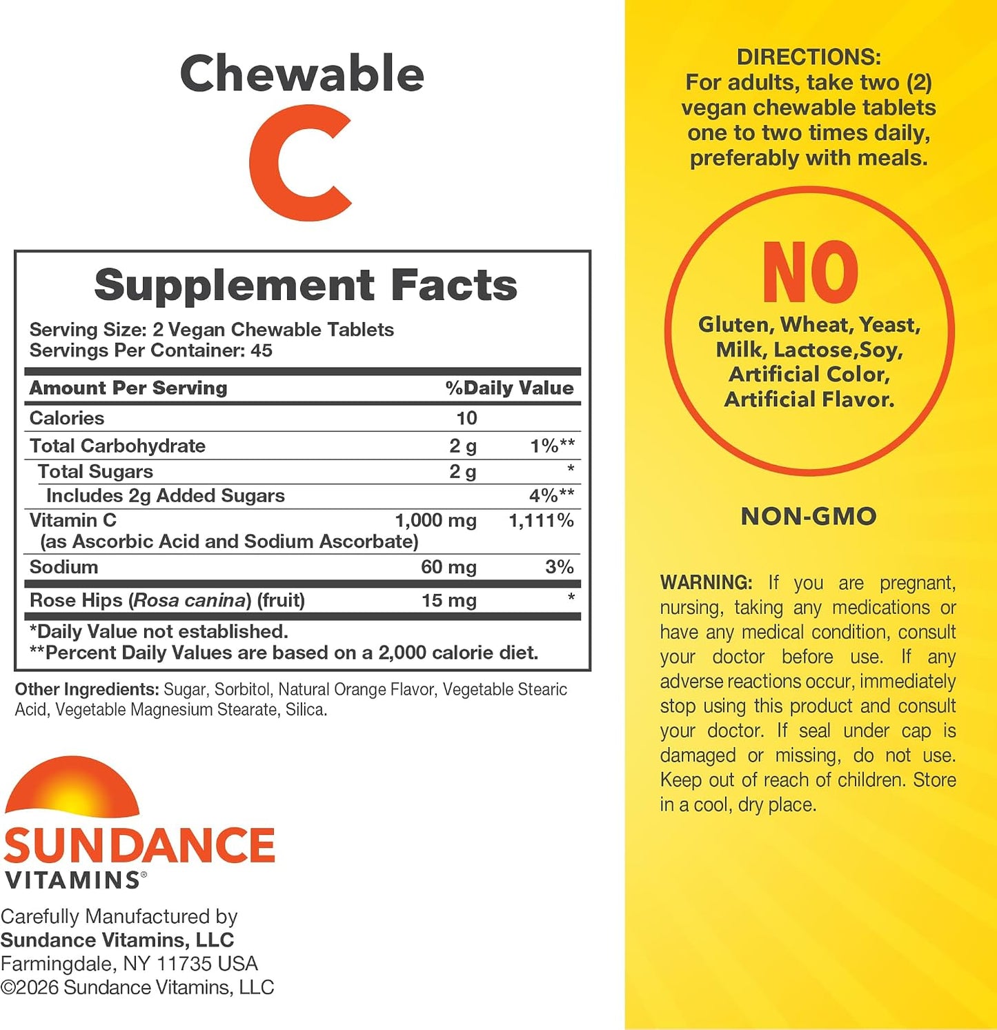 Sundance Chewable Vitamin C 1000mg | 90 Tablets | Natural Orange Flavour | Vegan, Non-GM & Gluten-free Supplement - görsel 2
