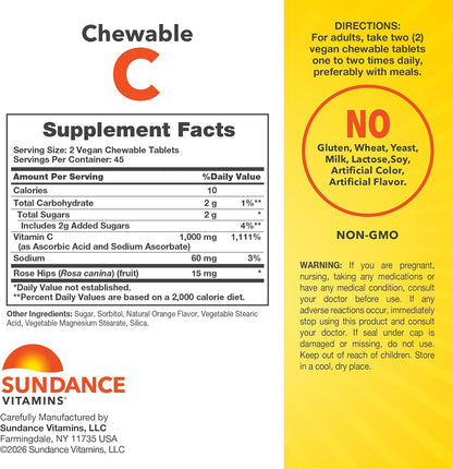 Sundance Chewable Vitamin C 1000mg | 90 Tablets | Natural Orange Flavour | Vegan, Non-GM & Gluten-free Supplement