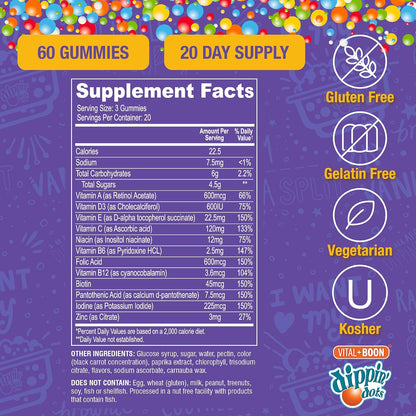 Vital+Boon Dippin' Dots – Multivitamin Gummies for Adults – Gummy Vitamins with Vitamin A, B6, C, D3, E & Folic Acid – Vegetarian, Non-GMO, Gluten-free (60 Gummies)