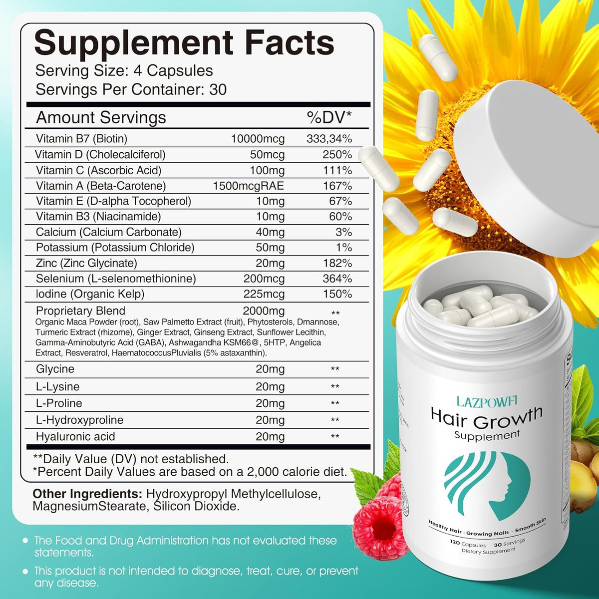 Lazpowfi Hair Growth Supplement - Biotin 10000mcg, 30-in-1 Vitamins for Hair, Skin & Nails - 120 Capsules (30 Servings) - görsel 2