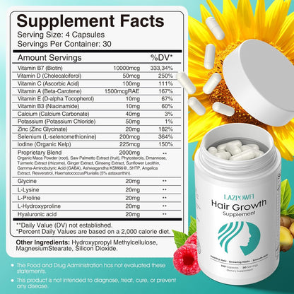 Lazpowfi Hair Growth Supplement - Biotin 10000mcg, 30-in-1 Vitamins for Hair, Skin & Nails - 120 Capsules (30 Servings)
