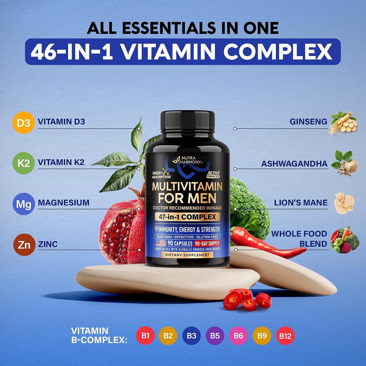 Multivitamin for Men - 46-in-1 with B-Complex & Whole Food Blend - Energy, Focus and Brain Health - 90 Capsules - görsel 5