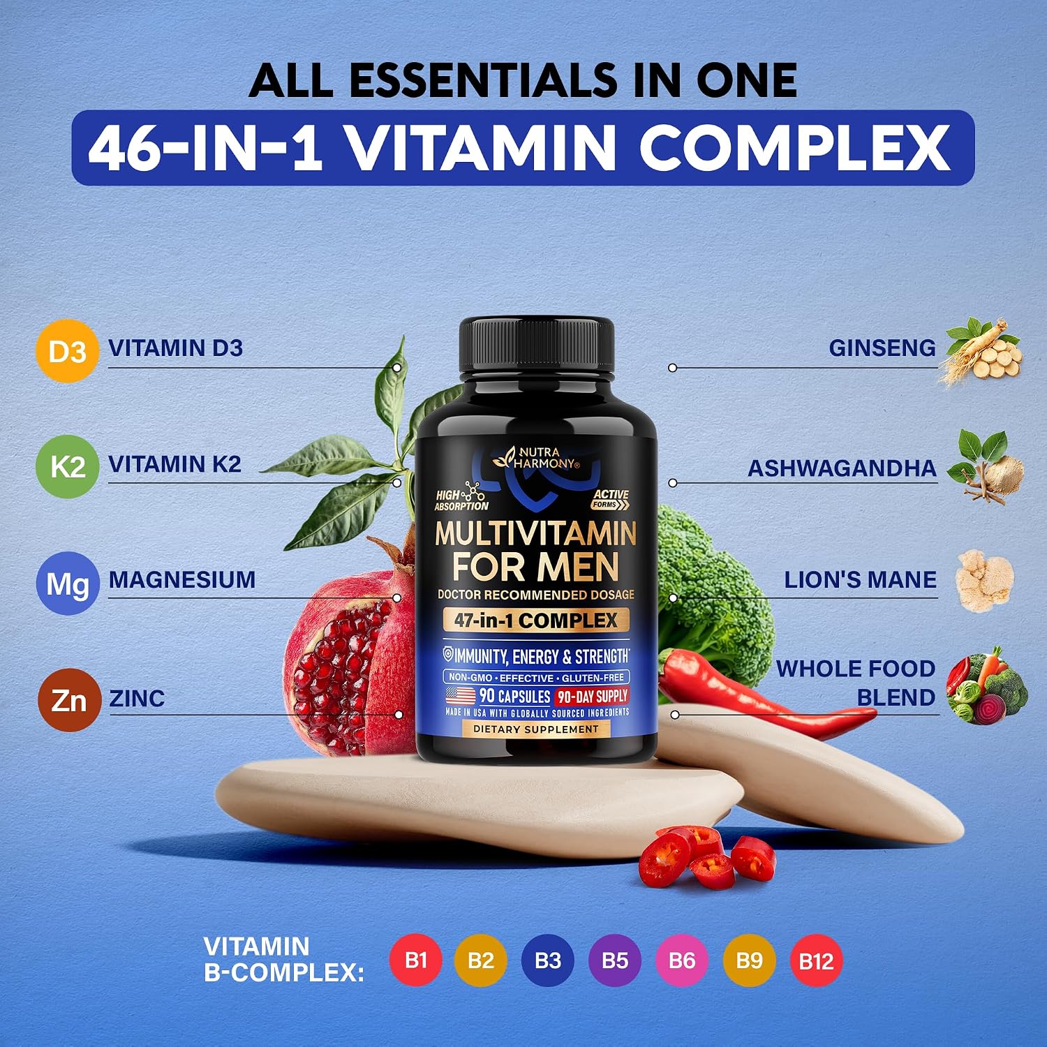 Multivitamin for Men - 46-in-1 with B-Complex & Whole Food Blend - Energy, Focus and Brain Health - 90 Capsules - görsel 5
