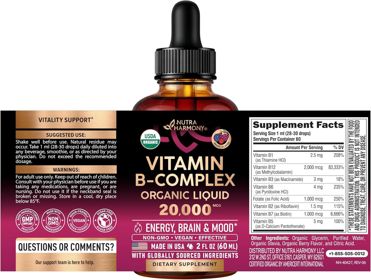 Organic Vitamin B-Complex Liquid Drops – Natural Berry Flavour (2 fl oz) - görsel 2