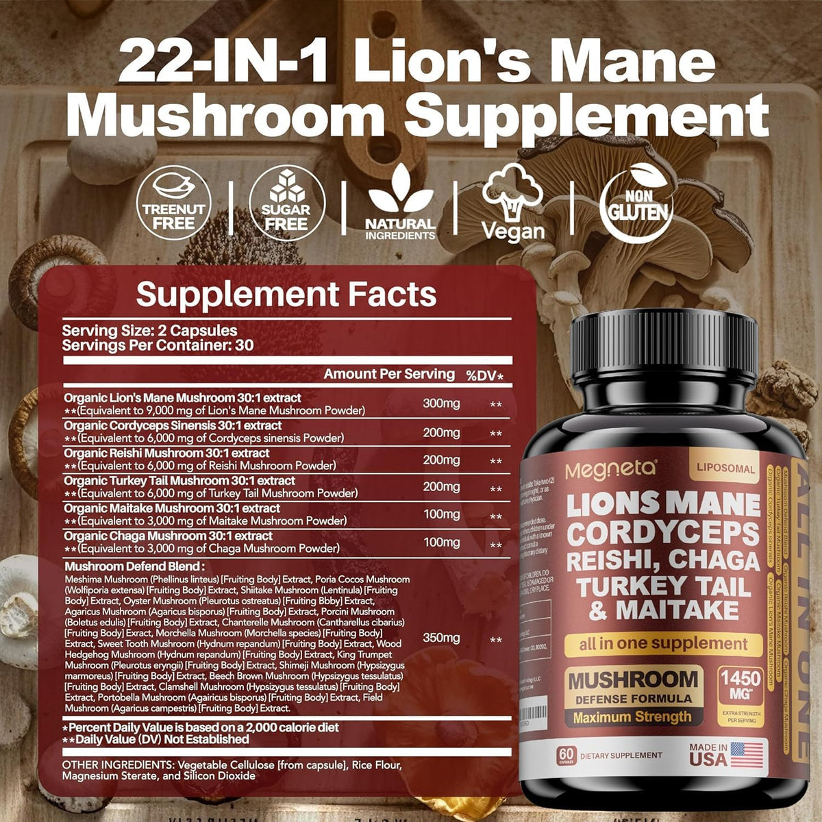 22 in 1 Multi Mushrooms Capsules, Lions Mane Cordyceps Sinensis Reishi Mushroom Turkey Tail Mushroom, 180 Capsules - görsel 2