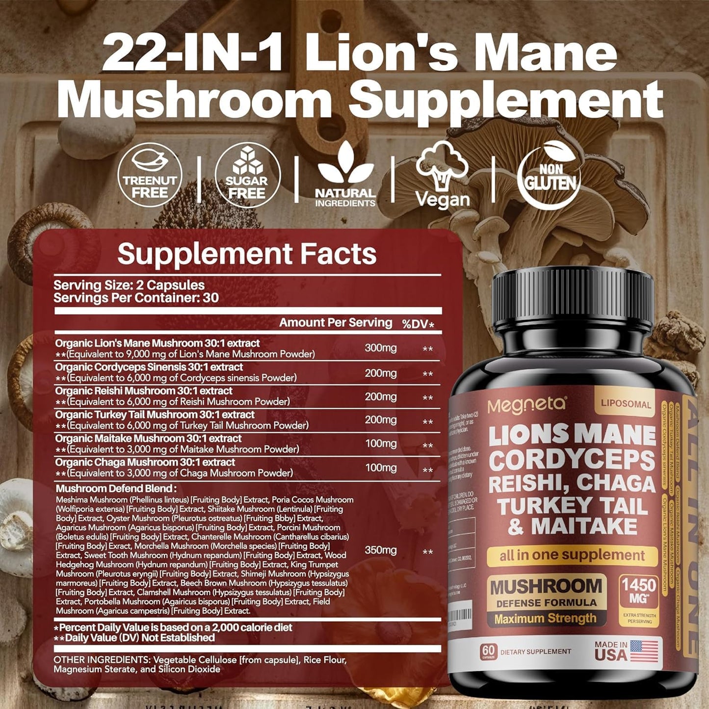 MEGNETA 22-in-1 Multi Mushrooms Capsules - Lion's Mane, Cordyceps, Reishi, Turkey Tail - 120 Capsules - görsel 2
