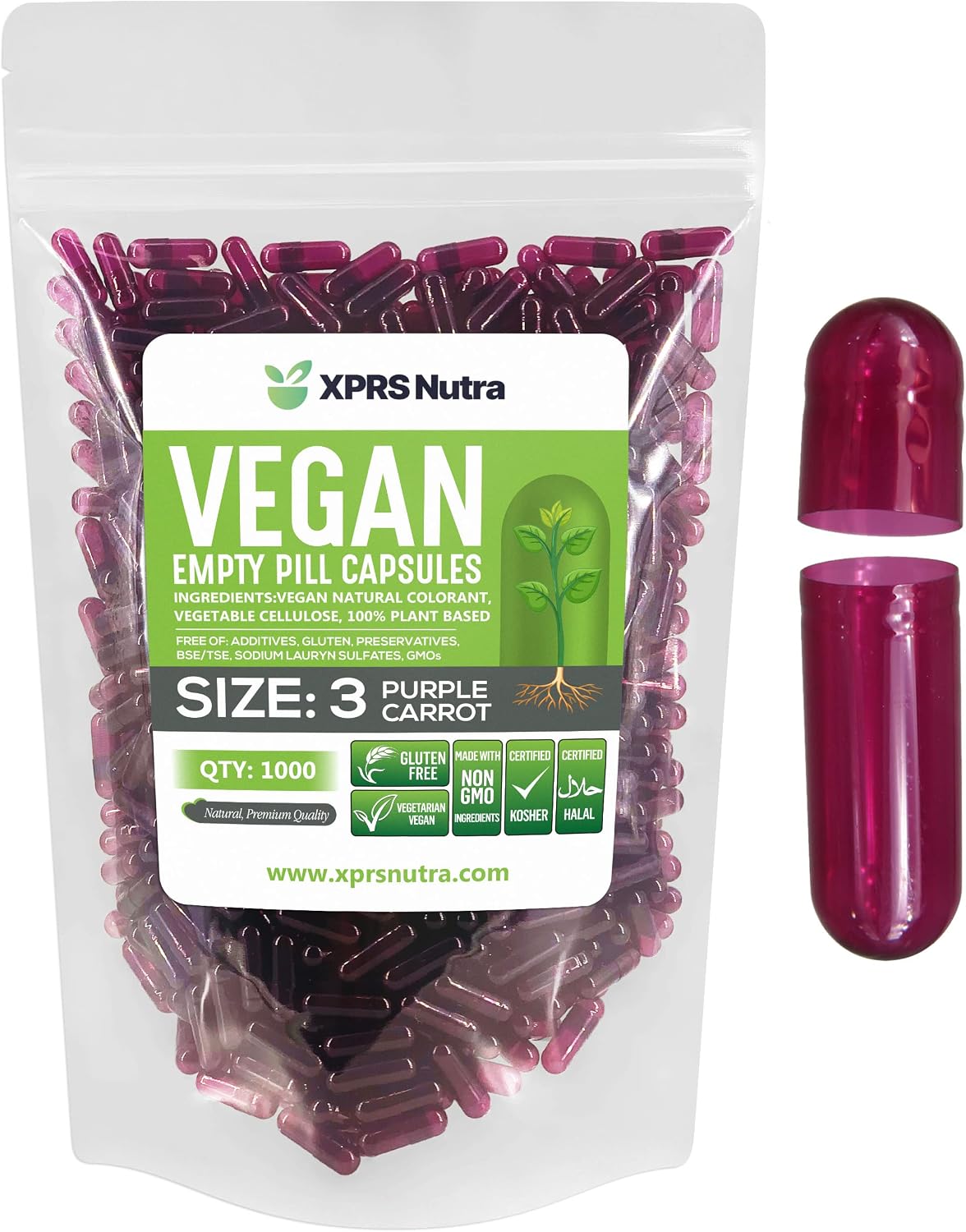 XPRS Nutra Size 3 Empty Capsules - 1000 Count Vegan HPMC Vegetable Capsules (Purple Carrot) - görsel 1