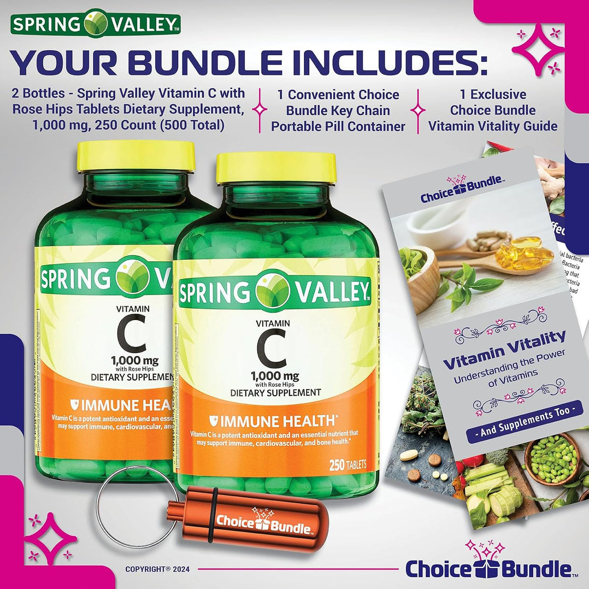 Vitamin C 1000 mg with Rose Hips Tablets Bundle - 2 Bottles (500 Total) with Vitamin Guide and Pill Container - görsel 2