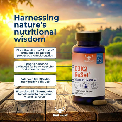 RnA ReSet D3K2 Reset – 4,000 IU Vitamin D3 & 100 mcg K2 Food Supplement (60 Capsules) – NSF Certified