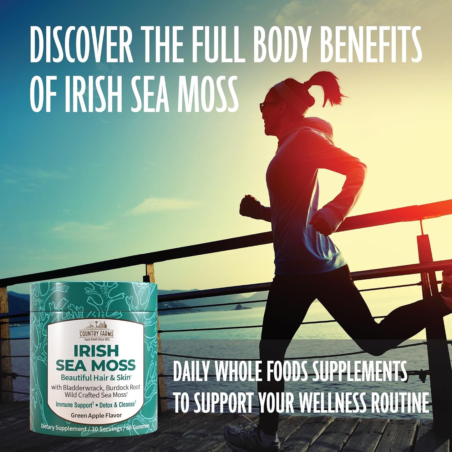 Country Farms Irish Sea Moss Gummies - 2000mg Triple Blend (Irish Moss, Burdock Root, Bladderwrack) - Vegan, Gluten-free - Green Apple - görsel 5