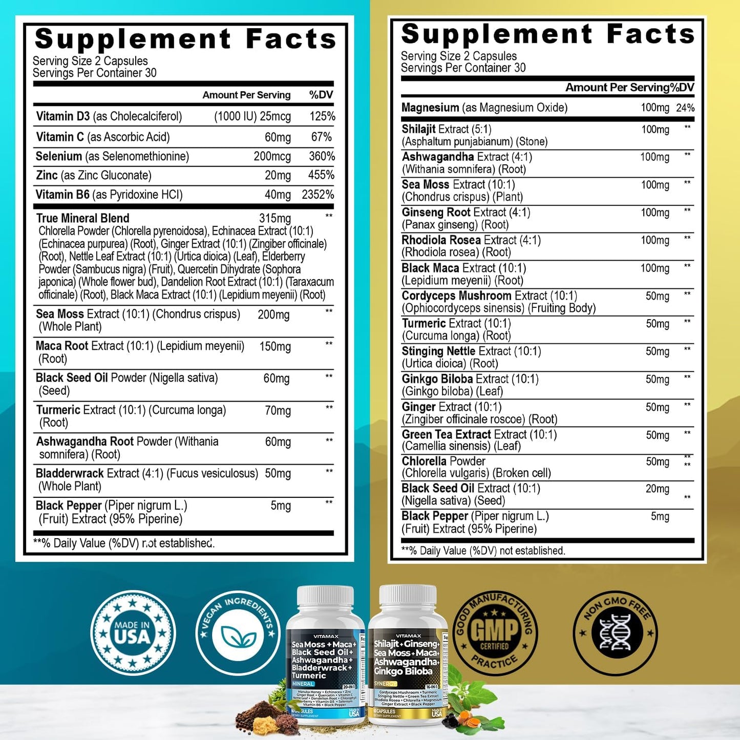 Vitamax Pure Himalayan Shilajit Supplement with Sea Moss, Ashwagandha, Bladderwrack, Ginkgo Biloba, Organic Capsules – Non-GMO, Vegan – Men and Women – Made in USA - görsel 6
