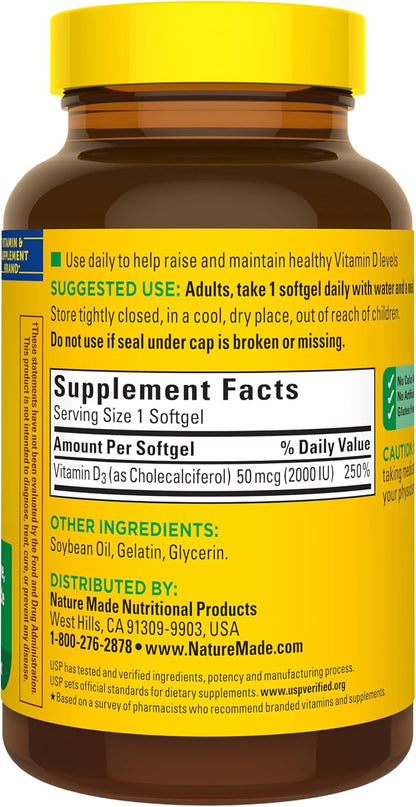 Nature Made Vitamin D3 2000 IU (50 mcg), 250 Softgels