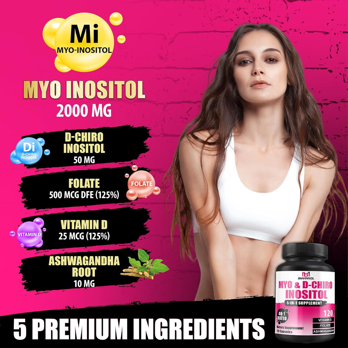 BMVINVOL 2,050mg Myo-Inositol & D-Chiro Inositol Capsules with Folate, Vitamin D & Ashwagandha - 40:1 Ratio for Hormone Balance - 120 Capsules - görsel 5