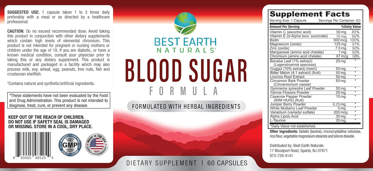Best Earth Naturals Blood Sugar Formula with Cinnamon, Gymnema, Banaba & Guggul - 60 Capsules - görsel 3