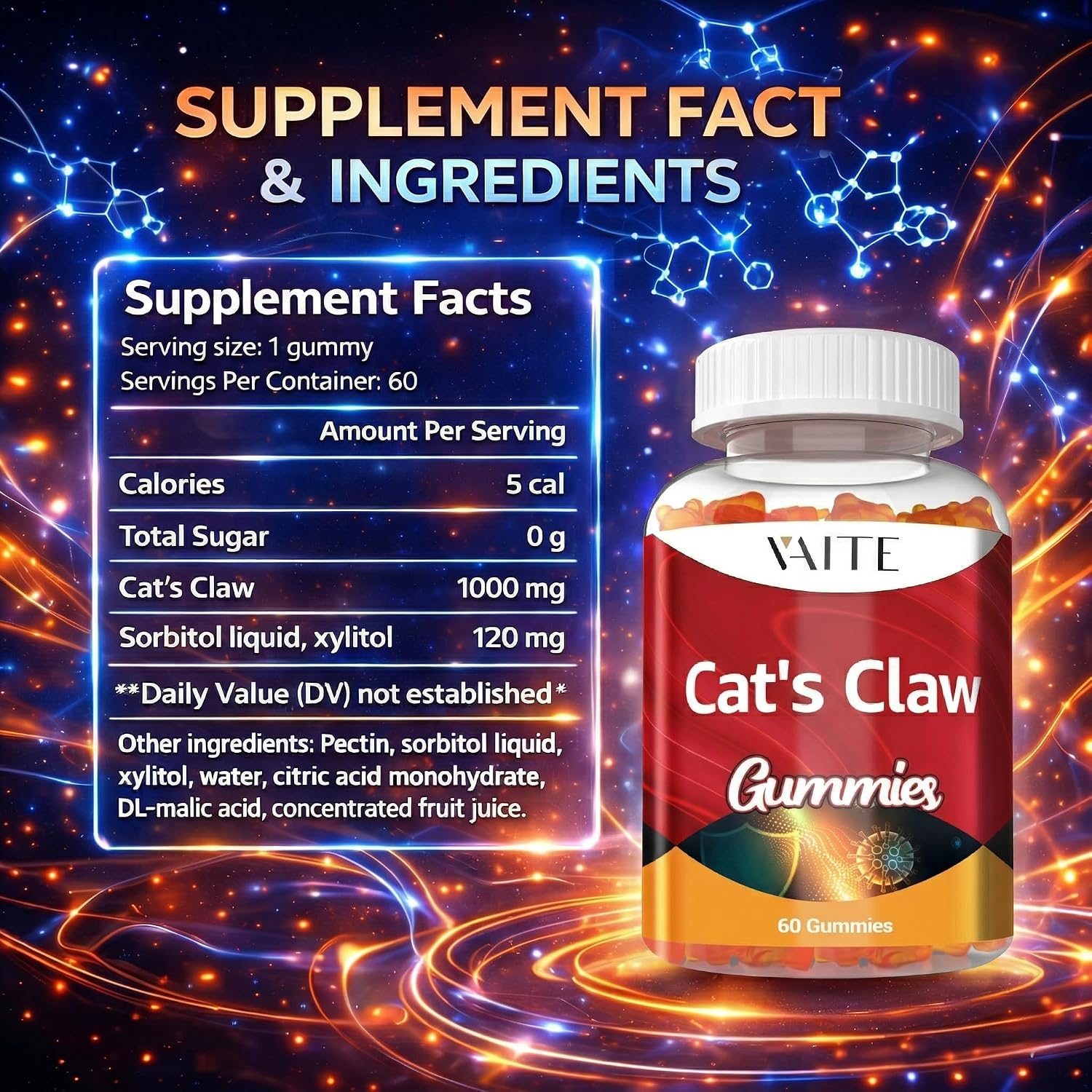 Cat's Claw Herbal Supplements 1000mg Gummies - Uncaria Tomentosa Extract, Vegan Immune Support, Joint Health, Inflammatory Balance, Overall Wellness, Sugar-Free, Gluten-free, 60 Chewables - görsel 3