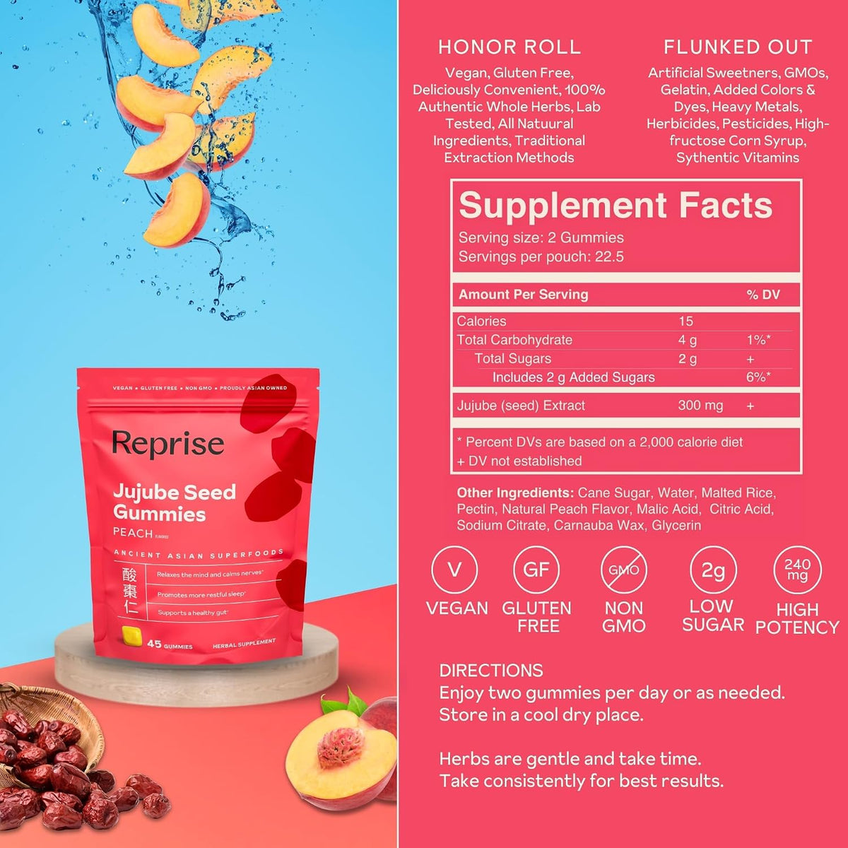 Reprise Jujube Seeds Daily Gummies - 300 mg Full-Spectrum Jujube for Relaxation & Restful Sleep, Vegan & Gelatin Free, Peach Flavoured, 40 Gummies - görsel 5