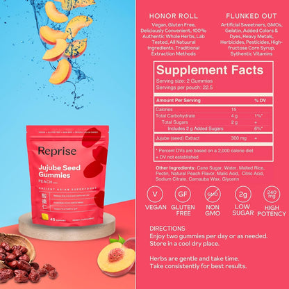Reprise Jujube Seeds Daily Gummies - 300 mg Full-Spectrum Jujube for Relaxation & Restful Sleep, Vegan & Gelatin Free, Peach Flavoured, 40 Gummies
